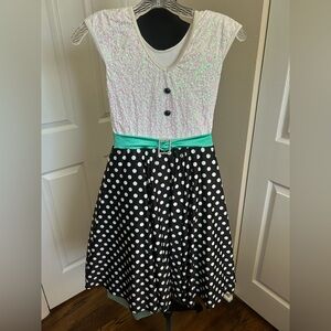 Weissman Sequin Black & White Polka Dot Dance Dress Costume w/ Teal Petticoat S